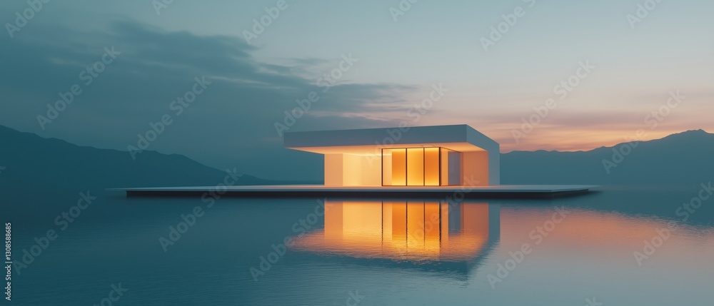 Aufkleber 3d rendering of a modern building on a small island in the middle of a body of water. the building i