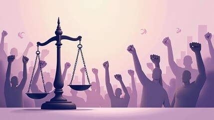 A stock illustration representing Immigration policy in Purple and soft beige, with smooth transitions, scales of justice, and raised fists. Visual hierarchy creates depth and complexity.