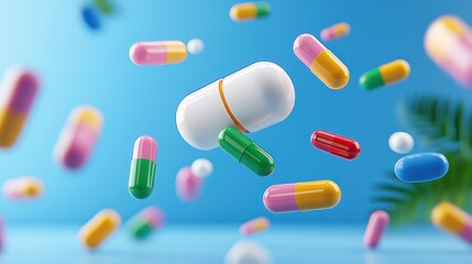 Capsule medicine in mid-air: A vibrant and dynamic scene showcasing colorful medicine capsules suspended in mid-air, conveying a sense of innovation and health