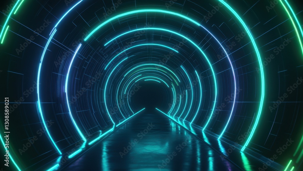 Poster futuristic glowing tunnel with vibrant neon lights illuminating a dark space, creating a unique and 
