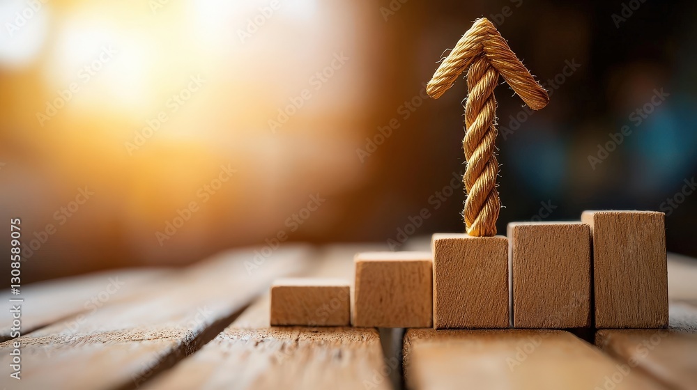 Poster growth concept with wooden blocks and arrow symbolizing progress.