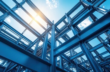 Obraz premium Futuristic Industrial Architecture Against a Bright Sky with Metal Framework and Sunlight Beaming Through Structural Steel Construction