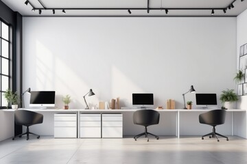 Modern office interior with workstation and large windows in a spacious room with blank wall for mockup