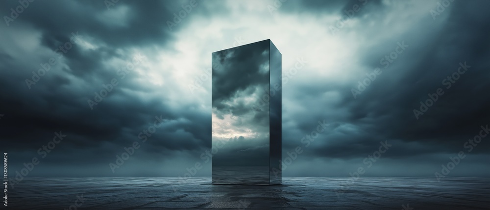 Poster tall, rectangular structure standing in the middle of a vast, empty room with a cloudy sky in the ba