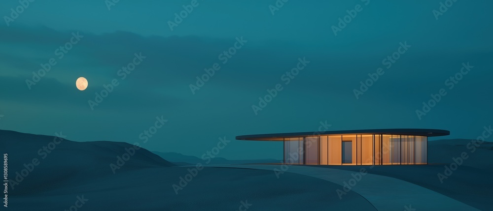 Poster digital illustration of a modern building on a hill at night. the sky is a deep blue color and the m