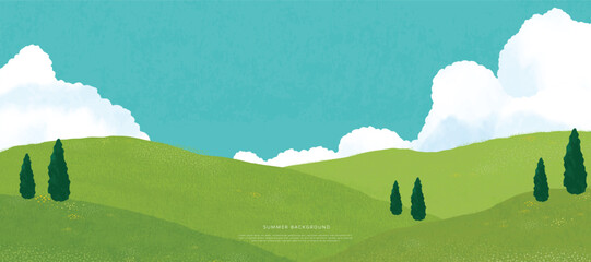 Abstract Green Summer landscape background vector. Nature wallpaper of green field on mountain, flower, blue sky. Watercolor illustration for cover, banner, wall art, decoration. © babeer