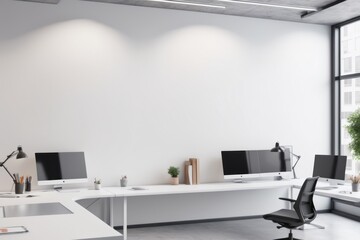Fototapeta premium Modern office interior with workstation and large windows in a spacious room with blank wall for mockup
