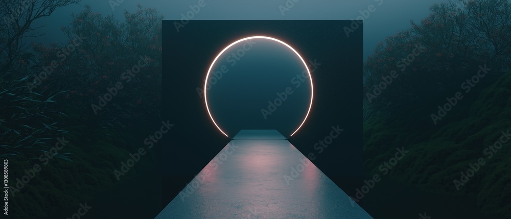 Poster long, narrow pathway leading to an archway in the middle of a forest. the pathway is made of concret