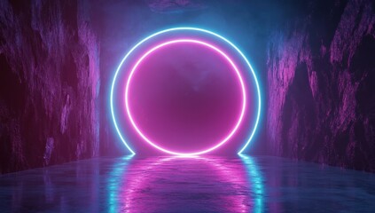 Futuristic Neon Archway in a Dark Cave with Reflections and Mist, Evoking an Otherworldly Atmosphere for Creative Projects