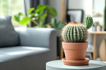 A cozy living room corner featuring a potted Mammillaria Geminispina cactus on a side table, complementing the modern decor.