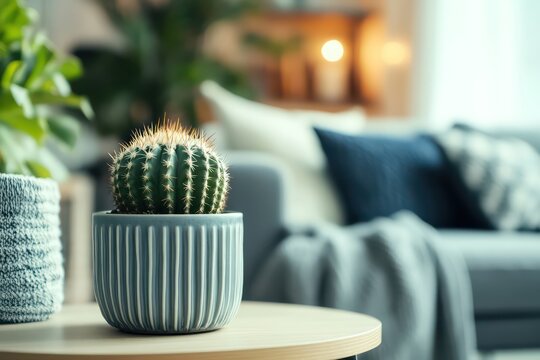 A cozy living room corner featuring a potted Mammillaria Geminispina cactus on a side table, complementing the modern decor.