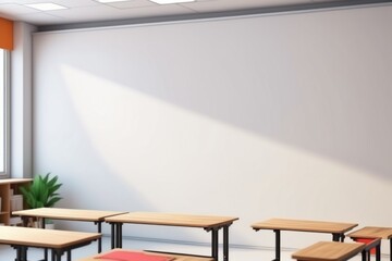 Empty classroom with a blackboard and chairs over blank white wall for mockup