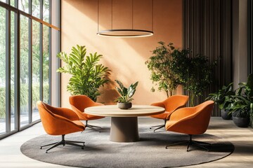 A cozy, modern office with a round conference table, comfortable chairs, green plants, and a stylish overhanging electric lamp, all in a 3D render.