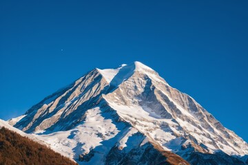 Fototapeta premium Snow covered mountains with a clear winter sky and rocky landscape