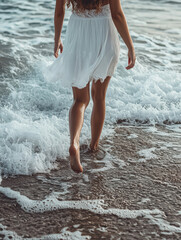 Fototapeta premium Barefoot Beach Stroll: A serene image captures a woman gracefully walking into the sea, skirt gently swaying in the warm breeze as she engages with the ocean's embrace.