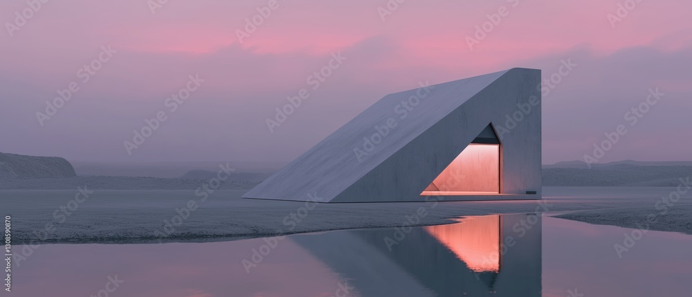 Poster modern architectural structure, which appears to be a triangular prism, in the middle of a vast dese
