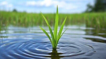 Obraz premium Green grass sprout emerges from calm water, ripples surround, background of a green field.