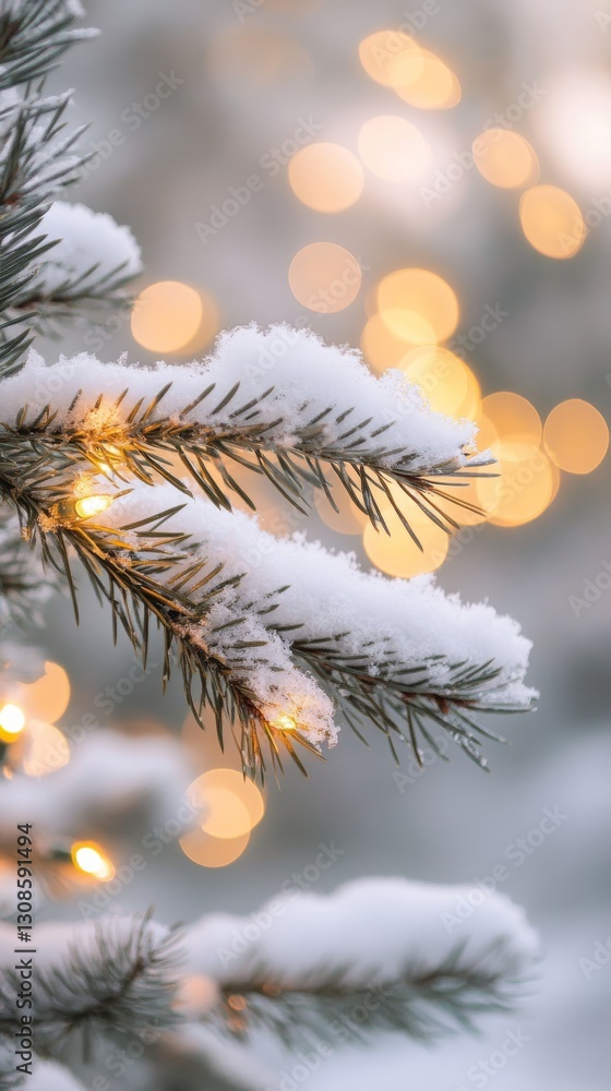 Poster a delicate pine branch dusted with snow, adorned with soft holiday lights, glowing warmly against a 