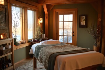 Fototapeta premium A cozy spa room with a client lying on a treatment bed, receiving a nourishing essential oil facial therapy.