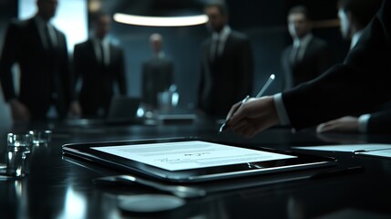 Businesspeople Signing Contract Digital Tablet Dark Modern Office Deal Law Men Team Desk Gray Legal 