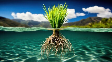 Green grass above and roots below water surface, mountains and blue sky with clouds in background.