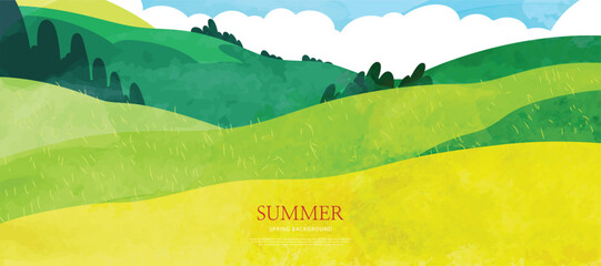 Abstract Green Summer landscape background vector. Nature wallpaper of green field on mountain, flower, blue sky. Watercolor illustration for cover, banner, wall art, decoration.