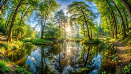Serene Forest Landscape with Reflections and Sunlight at Dusk