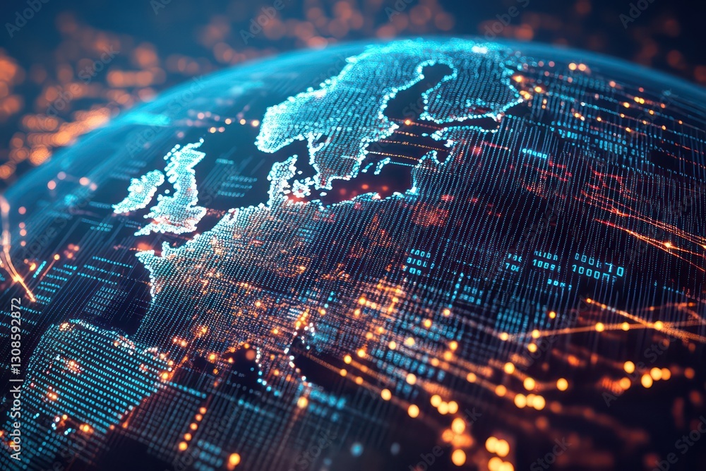 Wall mural a creative 3d visual of earth with digital binary code and lines, emphasizing europe's role in globa