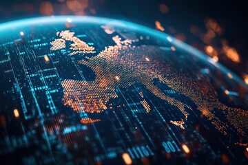 A creative 3D visual of Earth with digital binary code and lines, emphasizing Europe's role in global business, cryptocurrency, and data processing.