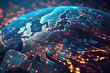 A creative 3D visual of Earth with digital binary code and lines, emphasizing Europe's role in global business, cryptocurrency, and data processing.