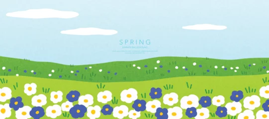 Gardinen Abstract Green Summer landscape background vector. Nature wallpaper of green field on mountain, flower, blue sky. Watercolor illustration for cover, banner, wall art, decoration. © babeer