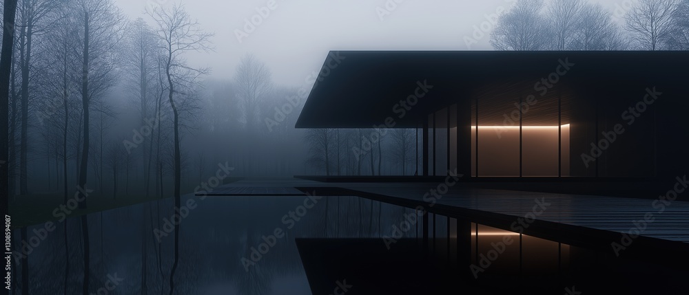 Poster digital rendering of a modern house in the middle of a foggy forest. the house is a two-story struct