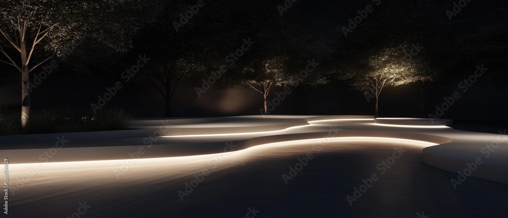 Poster long, curved pathway in a park at night. the pathway is made of concrete and is illuminated by a ser