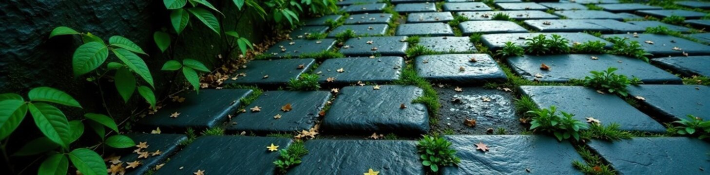 Overgrown slate tiles, crumbling parapets, ominous shadows, stone, plant, ancient