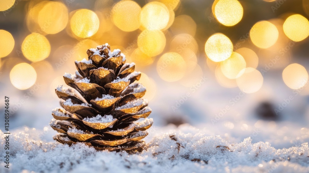 Poster a close-up of a snow-covered pine cone resting on a snowy surface, illuminated by warm, festive boke