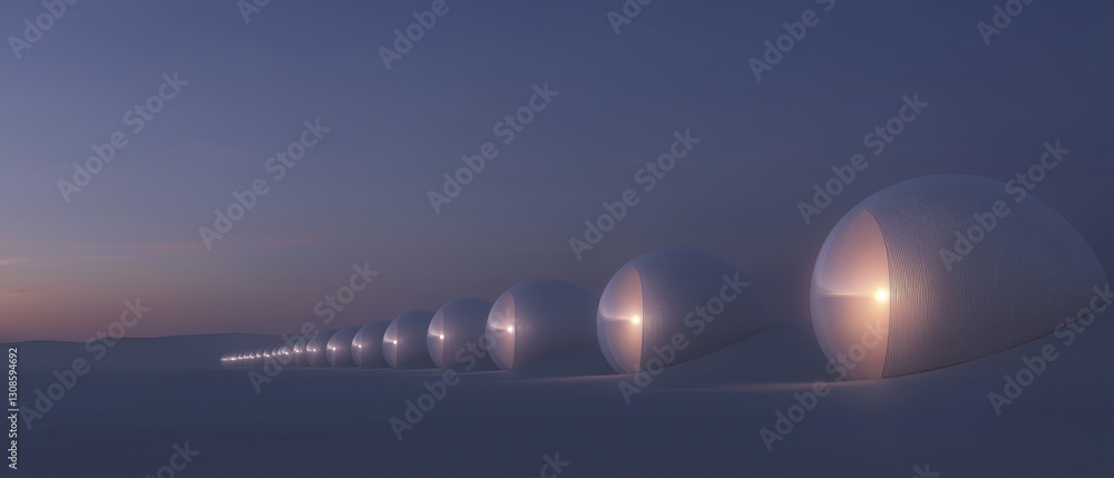 Poster long line of white spheres arranged in a straight line on a sandy surface. the spheres are spherical