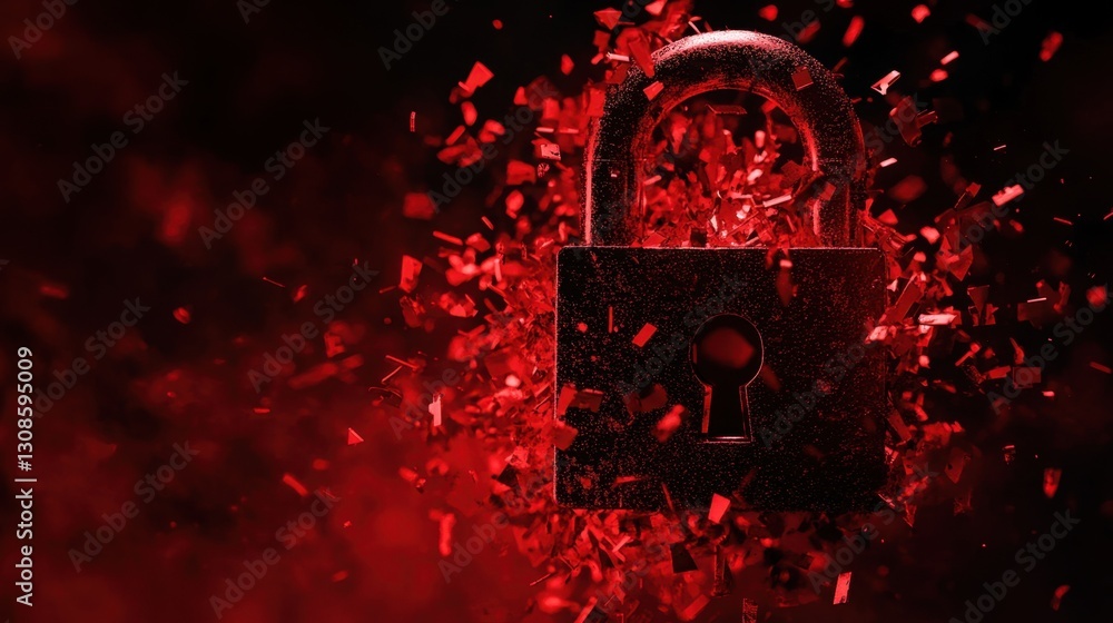 Poster security padlock disintegrating under red malware invasion, dark futuristic cyber security concept