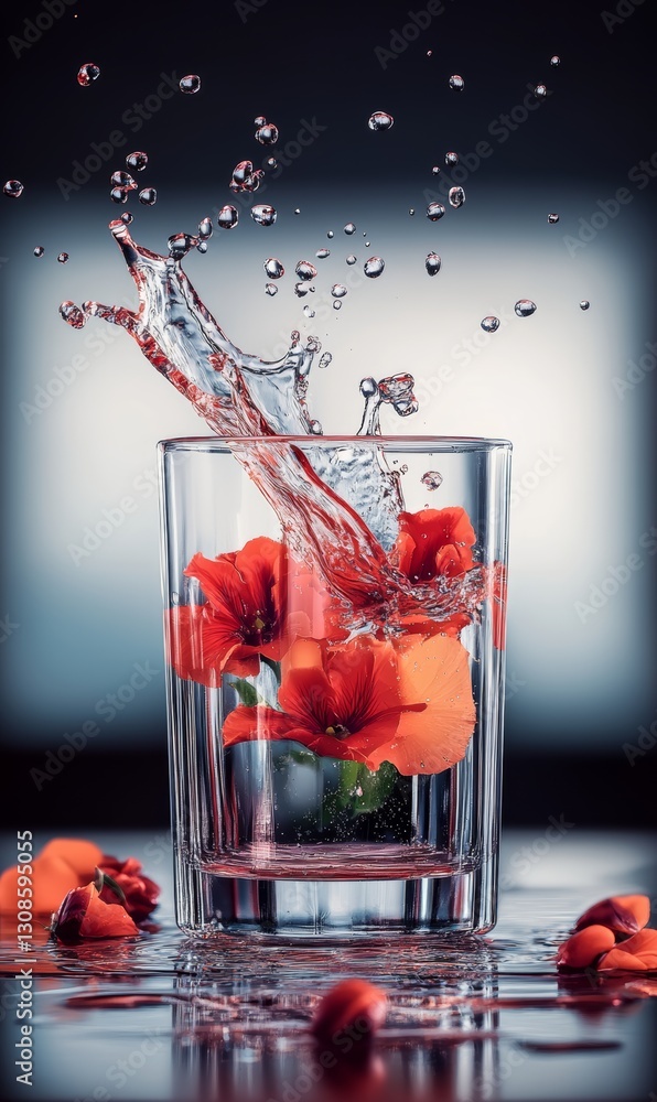 Poster glass of water with a splash of red flowers in it. the water is splashing out of the glass, creating