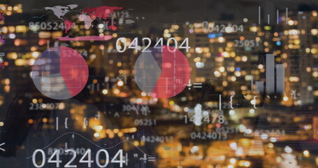 Image of financial data processing over cityscape