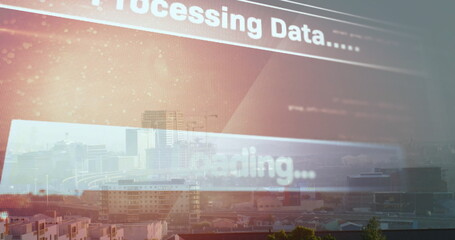 Image of text and data processing over cityscape