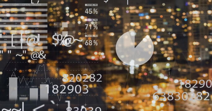 Image of financial data processing over cityscape