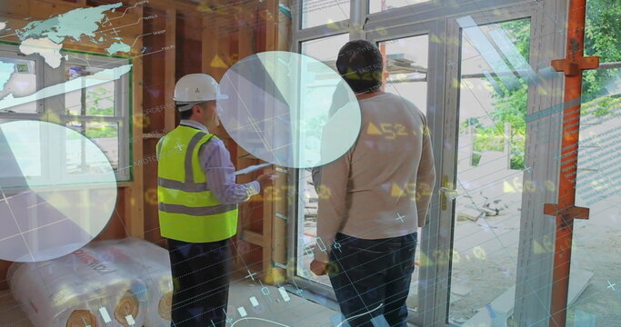 Image of financial data processing over diverse male architect and couple in house