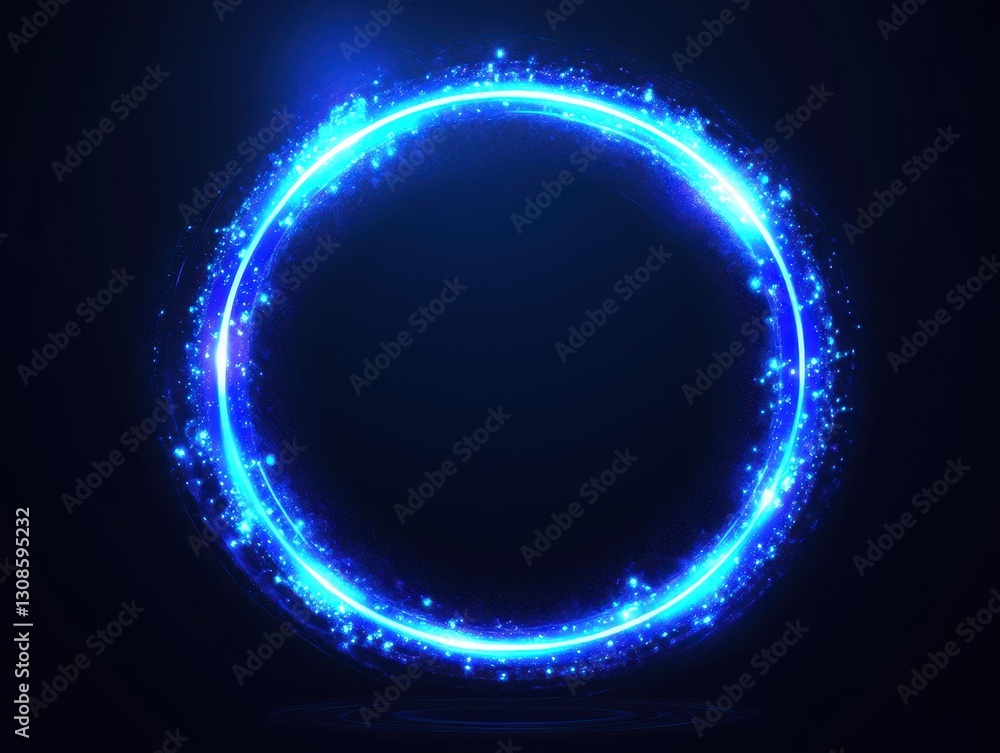 Poster glowing blue circular light frame with sparkling particles on a dark background for creative digital
