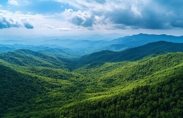 Naklejka premium Mountain range vista, lush forests, vibrant colors