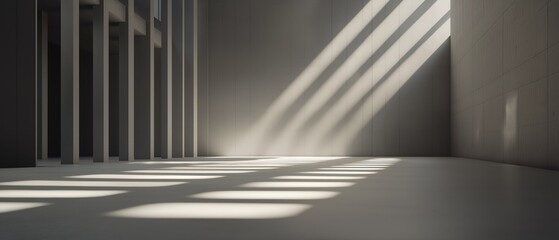 Empty room with a long corridor on the left side. the corridor is made up of vertical columns that are arranged in a grid-like pattern.