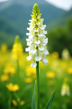 Tall asfodelo plant with white and yellow flowers in the background, tall plant, white and yellow