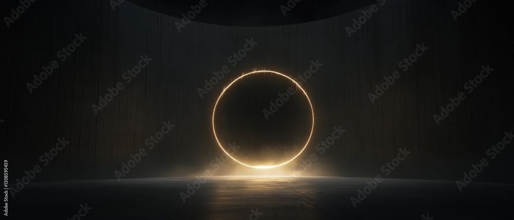 Poster 3d rendering of a dark room with a large circular light in the center. the light is glowing brightly