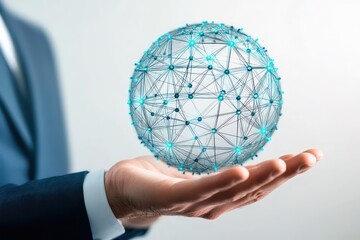 A creative illustration of a businessman holding his hand with a spherical structure formed by interconnected smartphones, symbolizing global communication.