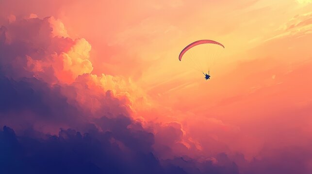 Silhouette of a paraglider touching the horizon at sunset, clouds glowing with soft pastel tones