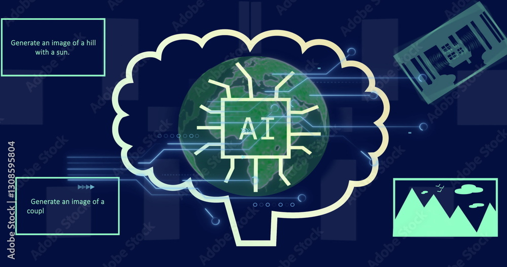 Poster image of brain with ai and computer circuit board over globe on black background